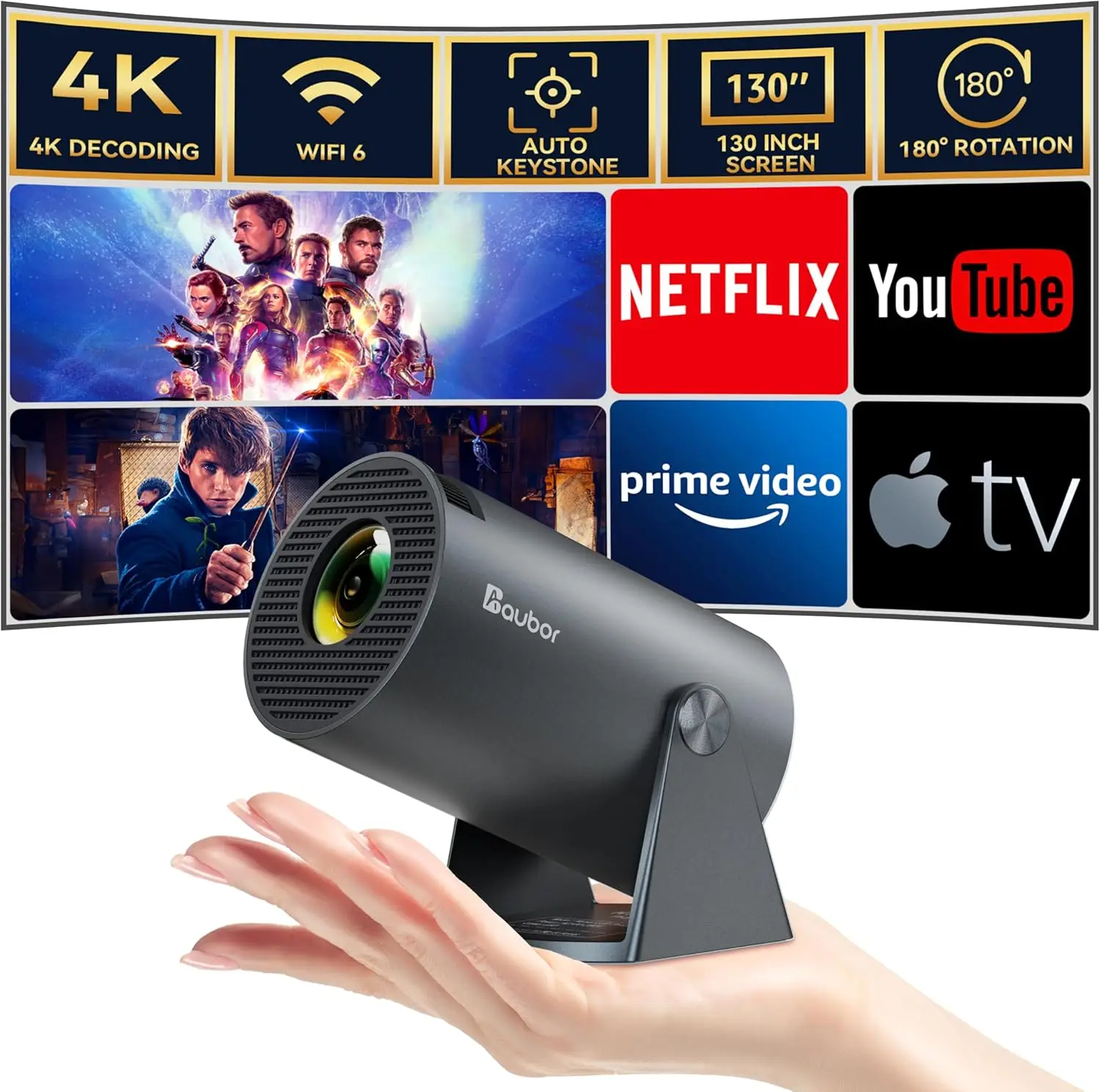 Mini Projector with Wifi and Bluetooth 1080P Support Smart Projector with Android TV 180° Rotatable Portable Outdoor Short