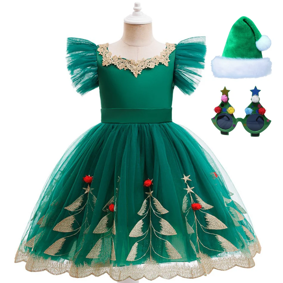 

Рождественский костюм с зеленым деревом для девочек, праздничные платья для девочек, модная рождественская елка, кружевная детская одежда с вышивкой, платье принцессы для девочек TAN06