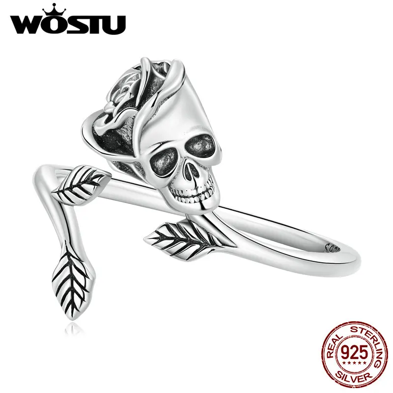 WOSTU 925 Sterling Halloween Silver Skull&Rose Ring with the Leaves Eternal Love Finger Open Ring Fine Jewelry Gift for Women