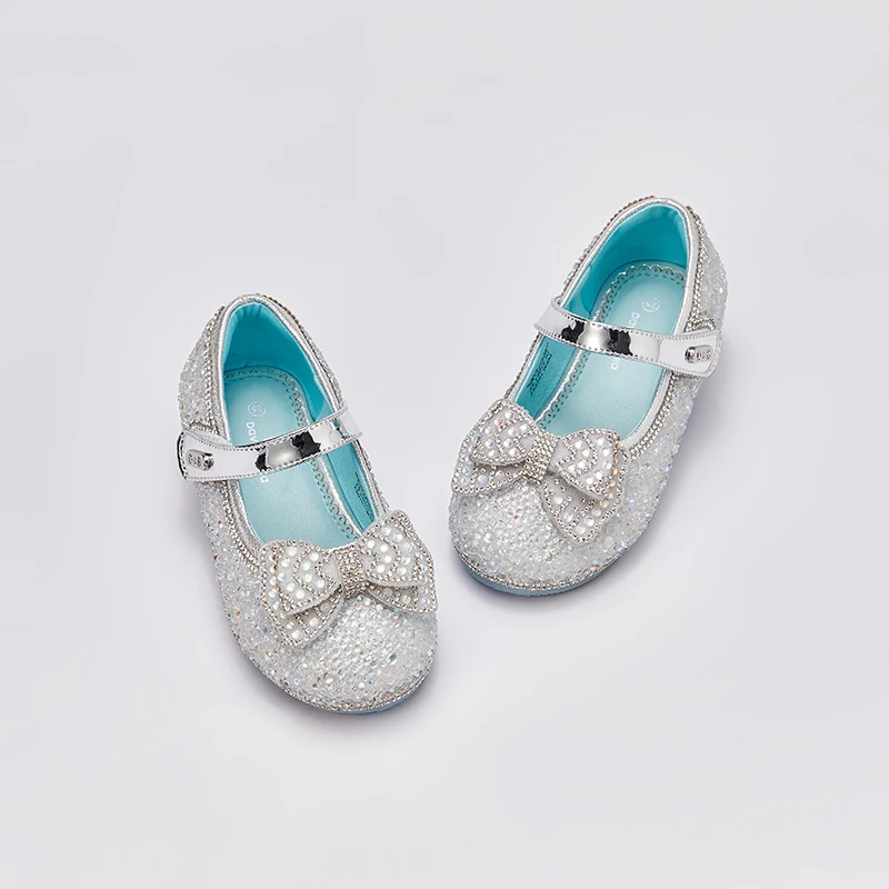 Dave Bella Girls' Princess Shoes Fashion Colorful Rhinestone Leather Shoes 2024 Spring Children's Girls' Silvery Shoes DB1247909