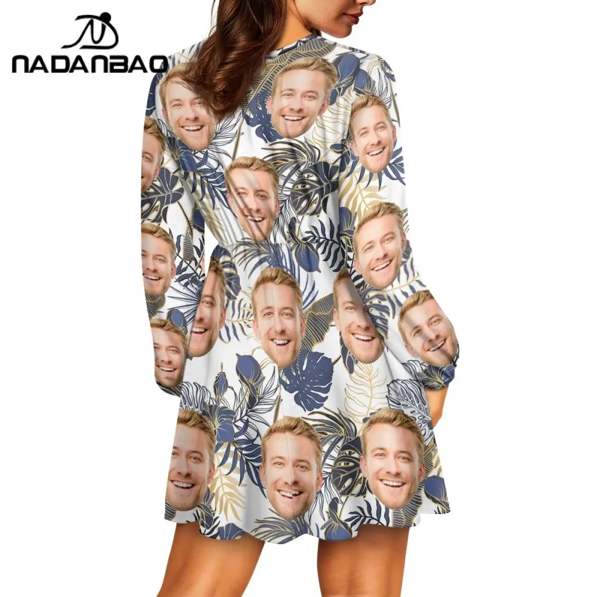Your Image Customized Women's V-Neck Hawaii Face Dress DIY Your Own Logo or Text Dresses Custom Summer Long Sleeved Party Dress