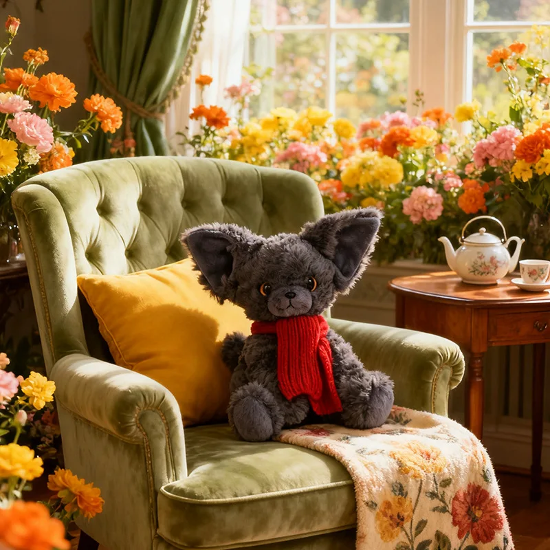 13CM süßes schwarzes Devon Rex Plüschtier lebensechte Kuscheltiere Katze flauschige weiche kleine schwarze Devon Rex tragen Schal Lätzchen Kawaii Spielzeug