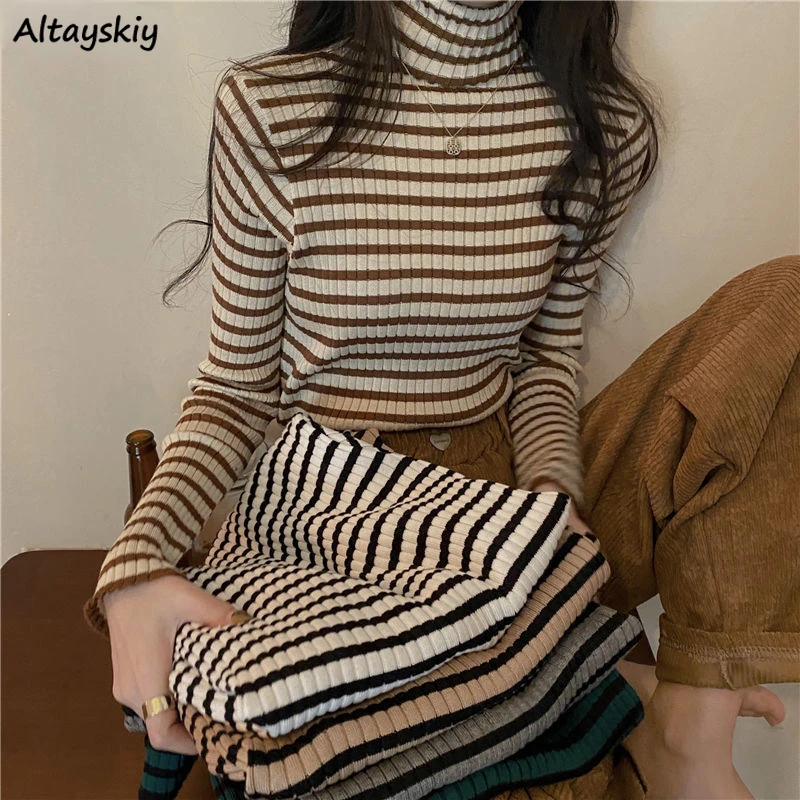 Women Striped Turtleneck Pullovers Elegant Slim All-match Simple Vintage College Autumn Gentle Fashion Design Korean Style Mujer