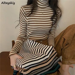 Women Striped Turtleneck Pullovers Elegant Slim All-match Simple Vintage College Autumn Gentle Fashion Design Korean Style Mujer