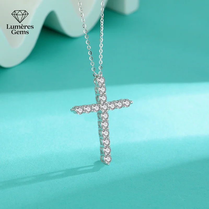 Lumière Gems Platinum PT950 Cross with Morganite and Full Diamond Pendant - Unique and Fashionable, Versatile for All Occasions