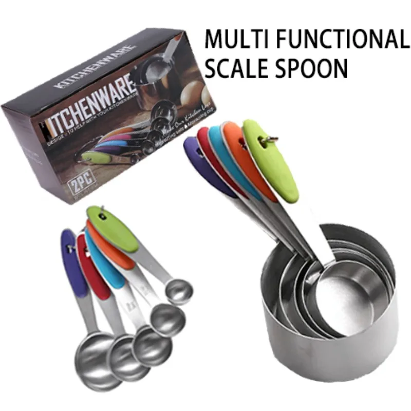 5pc/10pcs 304 stainless steel multifunctional scale spoon,coffee and milk powder measuring cup and spoon,kitchen baking tool set