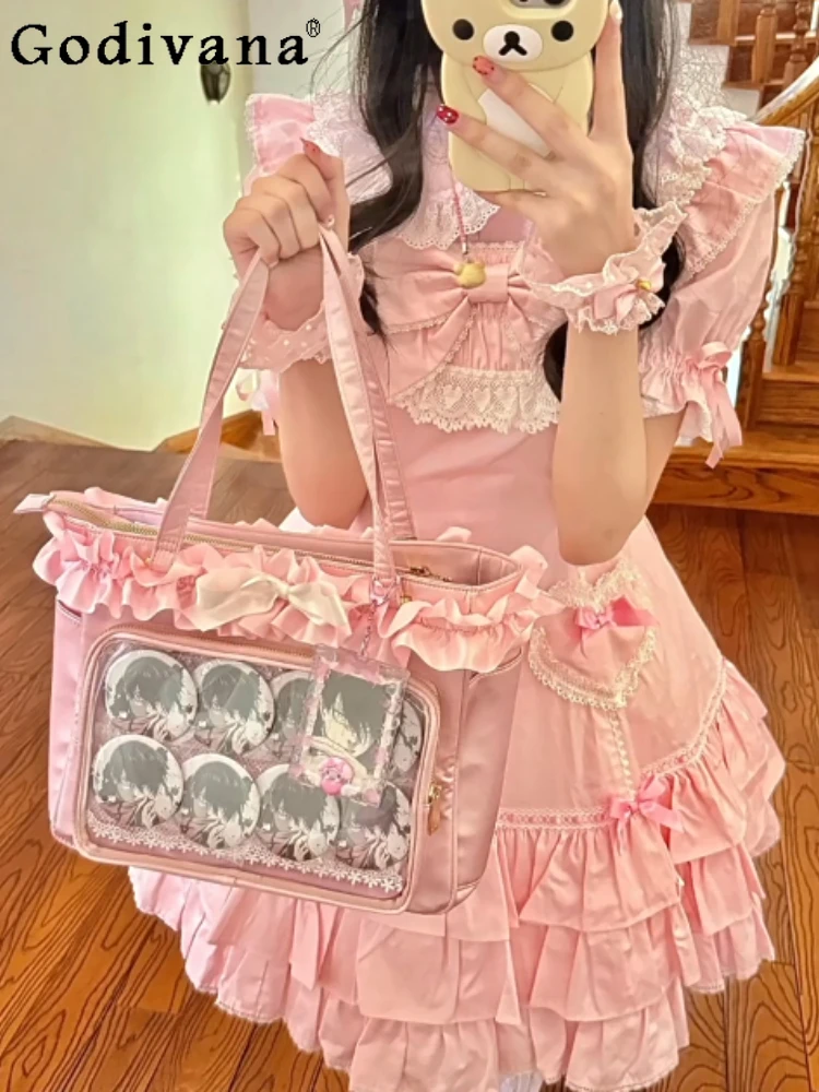 2D Japanese Original Lolita Satin Tote Bag Large Capacity Sweet Cute Girl Ribbon Commuter Casual Doll Feel Shoulder Bag