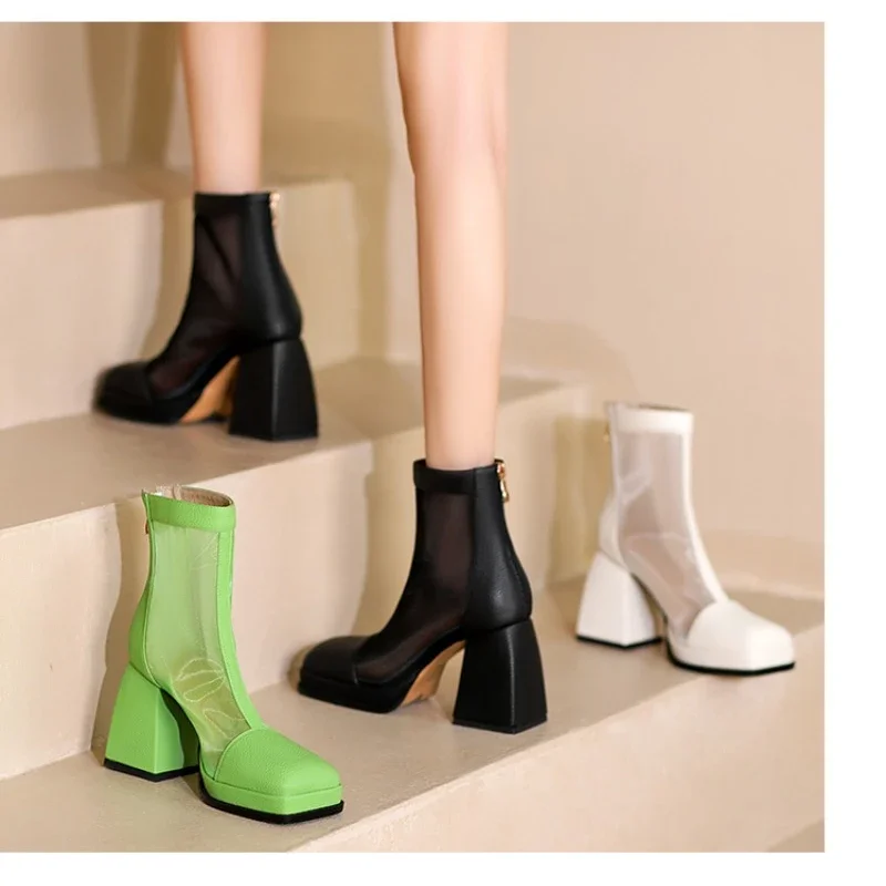 New Spring Summer Ankle Boots Breathable Mesh Women's Boots Fashion Chunky High Heels Versatile Femme Platform Botines Mujer
