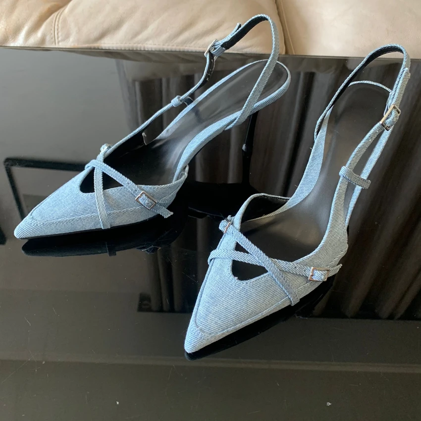 Sexy Pointed Toe High Heel Sandals for Lady Blue Denim Stilettos Fashion Buckle Strap Elegant Women\'s Shoes 2024 Summer Footwear