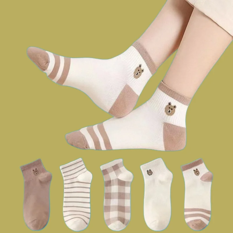 

5/10 Pairs 2024 New Women's Thin Ins Shallow Mouth Boat Socks Cute College Style Bear Boat Socks Spring And Summer Socks