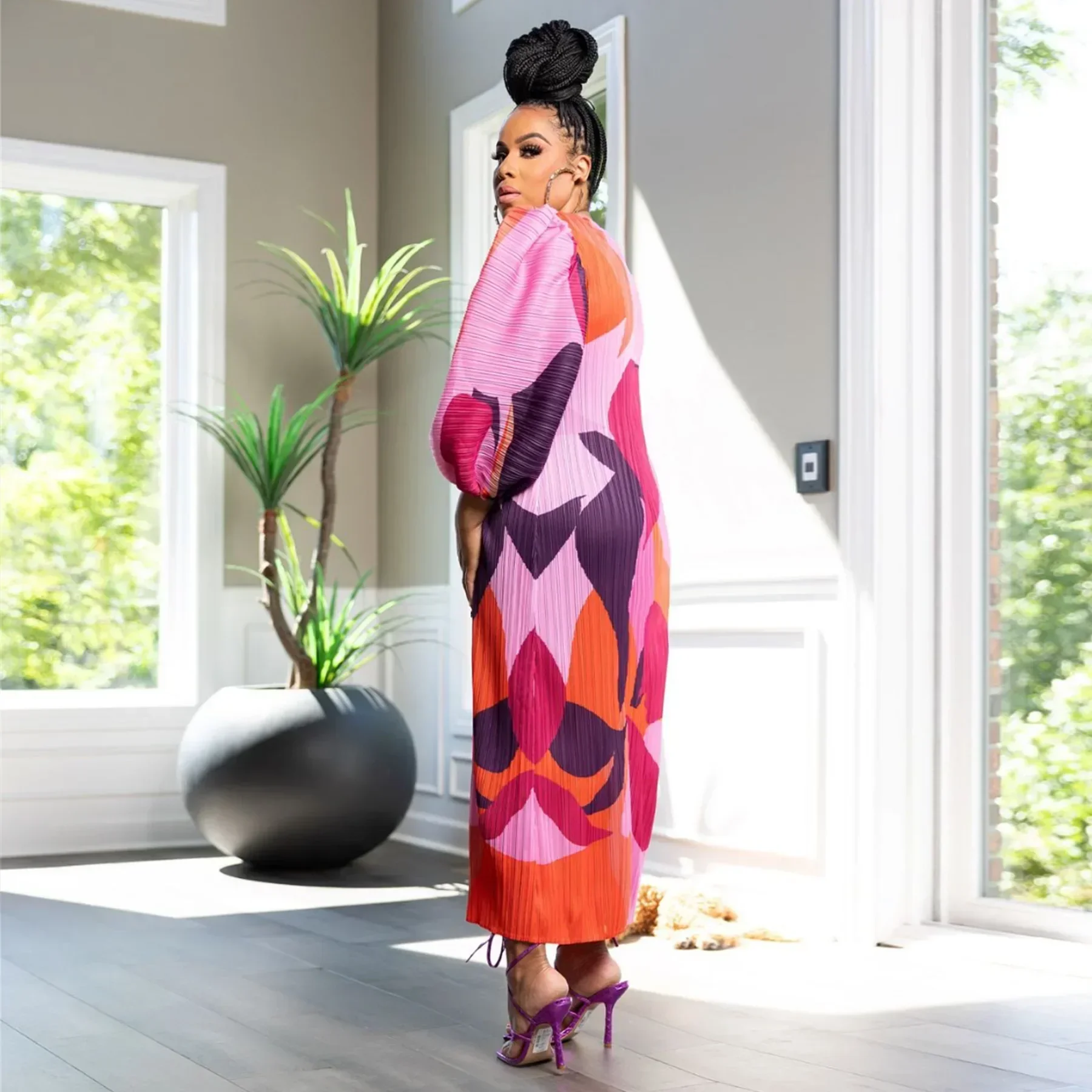 Mulheres elegantes plissadas meia lanterna manga o pescoço magro maxi vestido longo impressão moda outono 2025 vestidos ruched