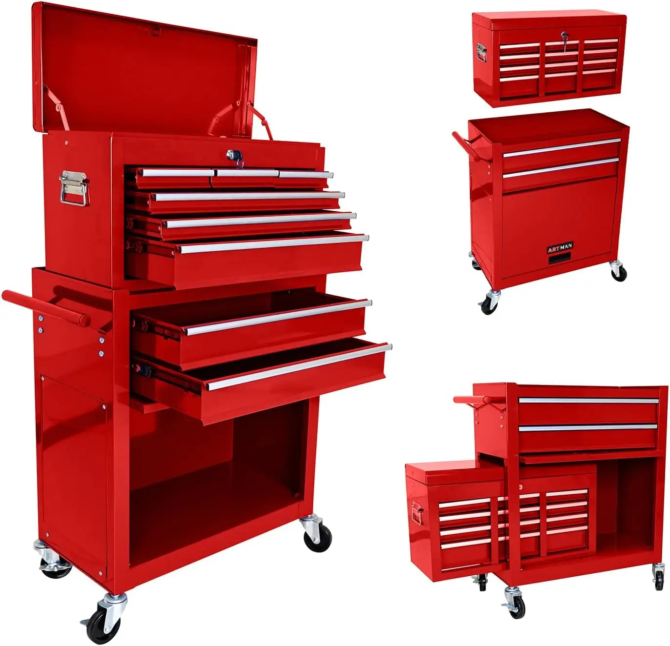 

Tool Box With Wheels, 8 Drawer Rolling Chest And 2 Lockers, Detachable Storage Cabinet Rolling Box, Box For