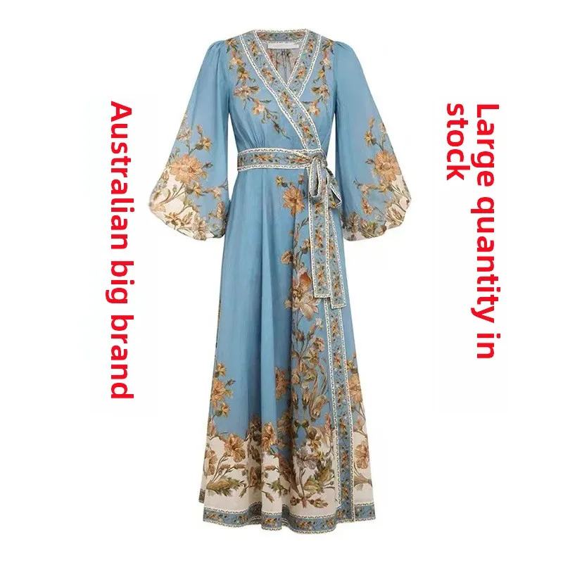 Australian Vacation Style Waist-Fitted Large Sleeve Linen Print Long Dress Similar To Star's Design Casual T-Shirt