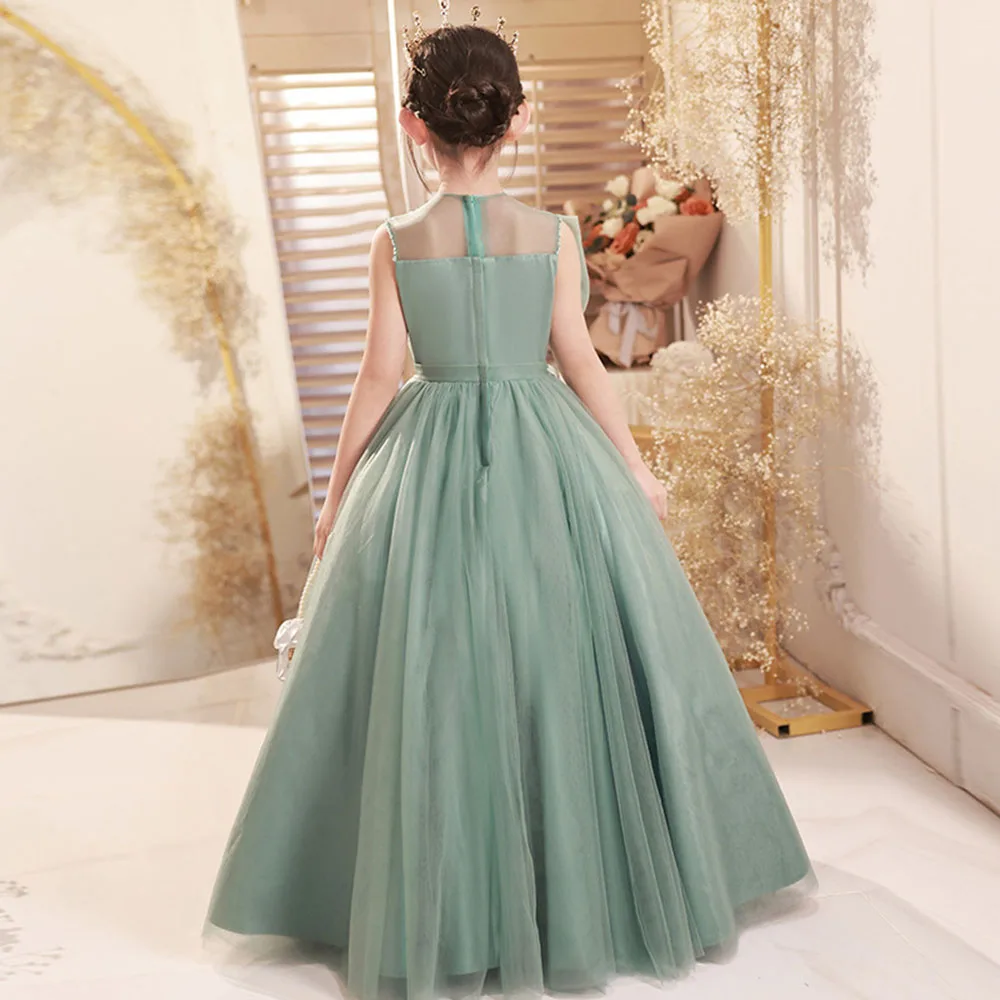 Light Green Flower Girl Dress Girl's Light Luxury Classical Tulle A-line Applique Big Bow Sleevless Beading Performance Dress