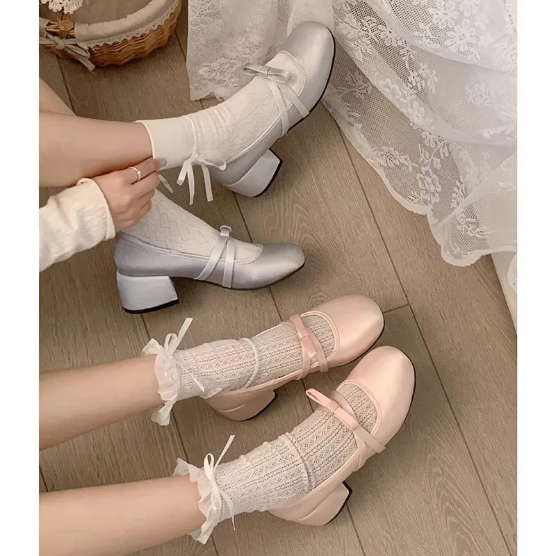 Women Chunky Heel Shoes New 2024 Fashion Bowknot Strap Mid Heels Women Mary Jane Shoes Dress Shallow Mouth Ladies Ballet Shoes