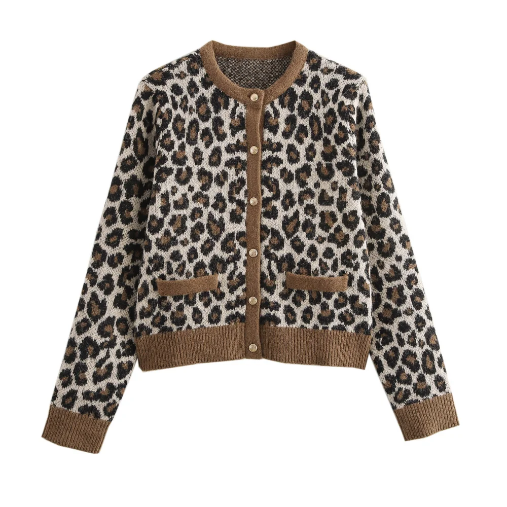 

Женский свободный топ с воротником и круглым вырезом, длинными рукавами, карманами на пуговицах, трикотаж с леопардовым принтом, новая мода на осень и зиму