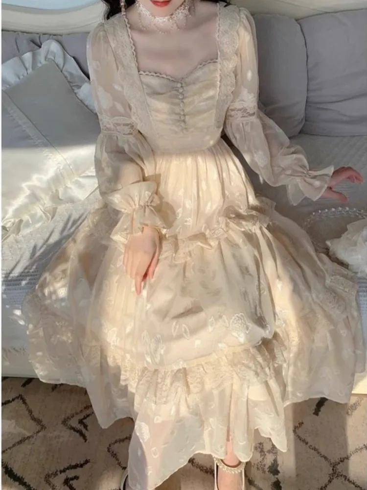 Damska Jesienna Elegancka Sukienka Midi z Koronkowymi Wstawkami, Długi Rękaw, Vintage, na Imprezę, Bal, Vestidos, Odzież Damska, Ubrania na Urodziny