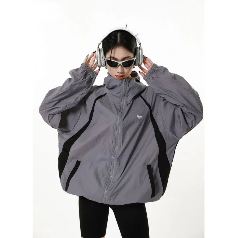 Deeptown Summer Red Jacket Women Vintage Oversized Hiphop Windbreakers Hooded Sunscreen Thin Jackets Japanese 2000s Style Y2k