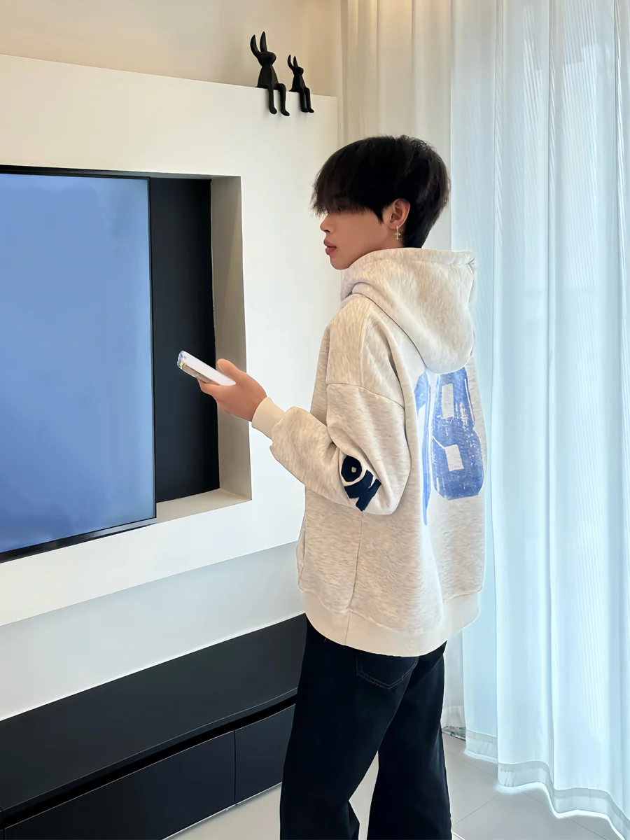 

Gray Letter Embroidery Hoodie Men's Loose American High Street Spring Autumn Couple's Outerwear Long Sleeve Cotton Sweatshirt