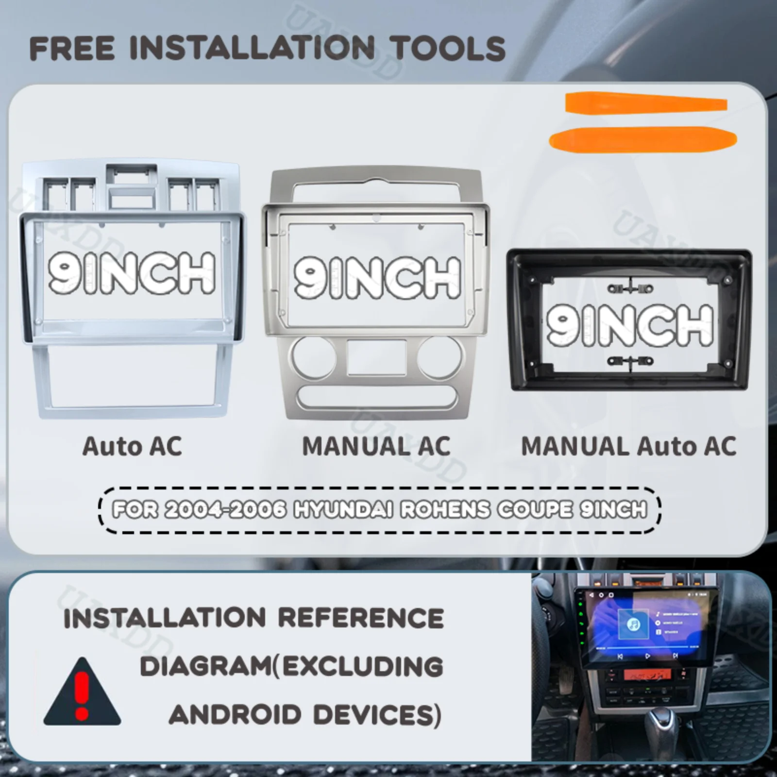 Für Hyundai Rohens Coupe 2004-2006, 9-Zoll 2-Din-Innenausstattungs-Kit, Mittelkonsole, Auto-DVD, Android-Rahmen, Armaturenbrett-Kabelbaum-Adapter, Canbus
