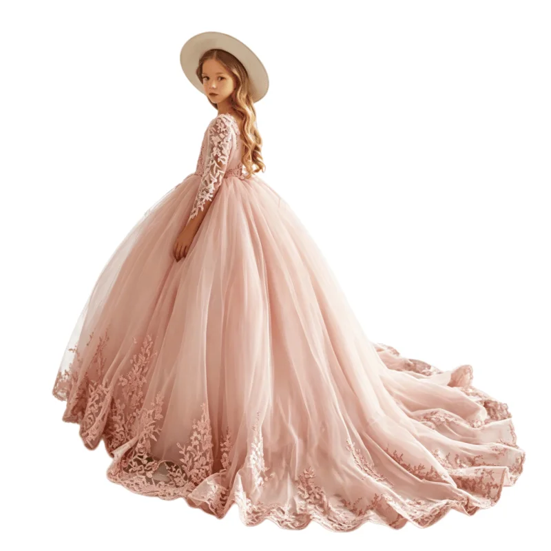 Custom Lace Flower Girl Dress Floral Embroidery Sheer Sleeve Multi-Layer Tulle Floor Length for Birthday Photoshoot