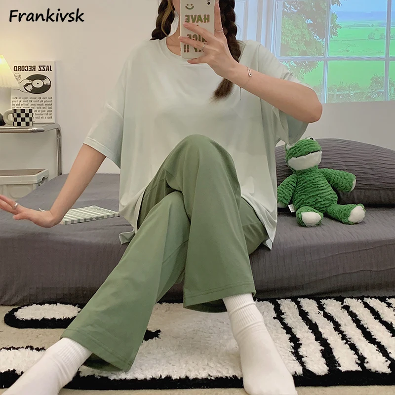 Solid Pajama Sets Women Simple Korean Style Ladies Half Sleeve Summer Breathable Casual Stylish Chic Nightwear Minimalist Daily