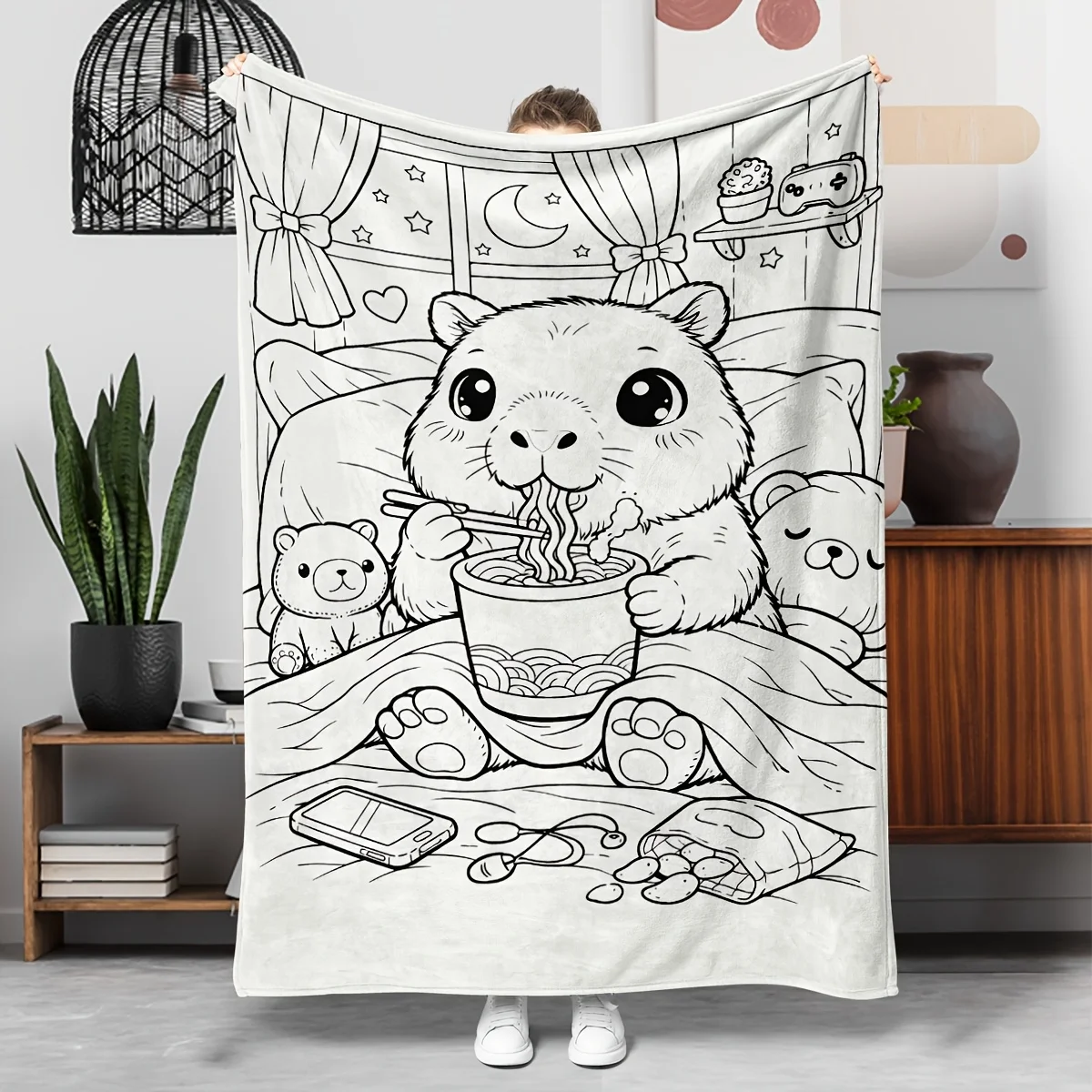 Cute Capybara Eating Ramen Line Art Flannel Throw Blanket, Cartoon Cozy Print Soft Cozy Blanket for Sofa Couch Bed Home Gift