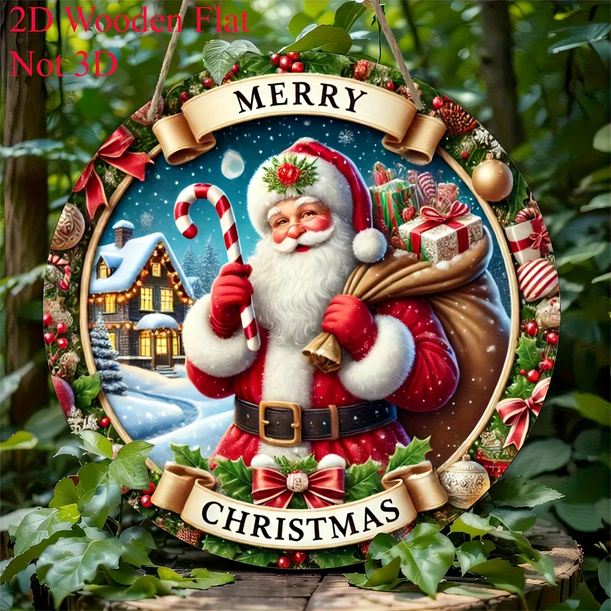 2D Flat, Santa Claus Wooden Christmas Wall Plaque - 2D Flat Artificial Wood Holiday Decor with Merry Christmas Banner, Snowy Vil