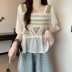 Women Blouse Crochet Knit Square Neck Chiffon Sleeve Geometric Embroidery Crop Tops Summer Teen-girls Boho Vacation Outfit
