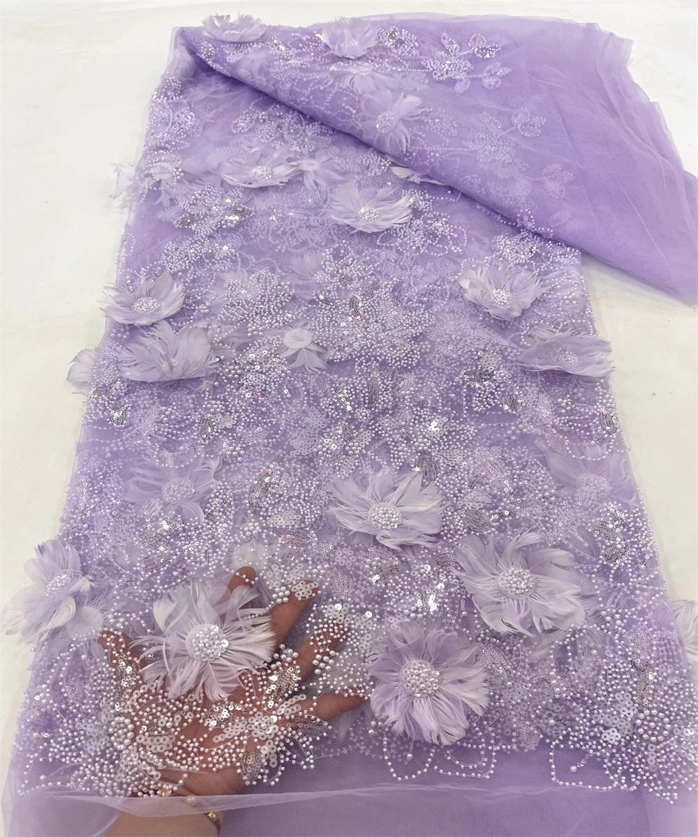 5 yd 3D Feather Bead Lace fabric, High quality, Mesh embroidery, Nigerian Lace Fabric, Dress 2024