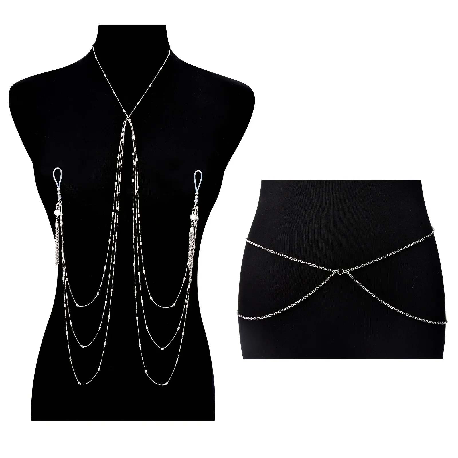 2pcs Stainless Steel Fake Nipple Rings With Chain, Waist Chain Set, Nipple Body Chain Jewelry