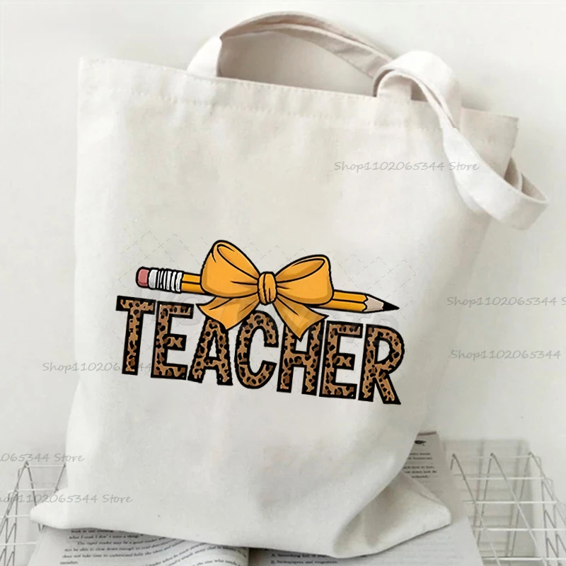 

Leopard Print Letter "TEACHER" Fun Pencil Canvas Tote Bag Women's Shopping Bag Fashion Teacher Casual Handbag