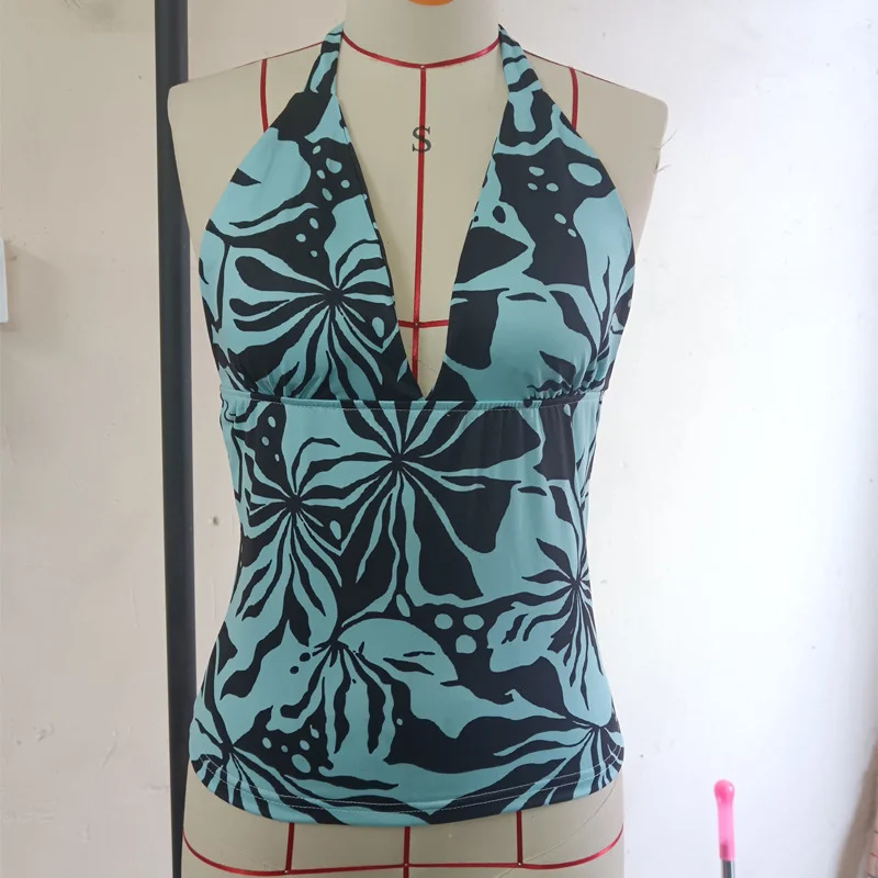 Vintage Hawaiian Hibiscus Floral Print Halter Tankini Top Deep V Neck Tie Back Slim Fit Women Retro Tropical Beach Pool Swimwear