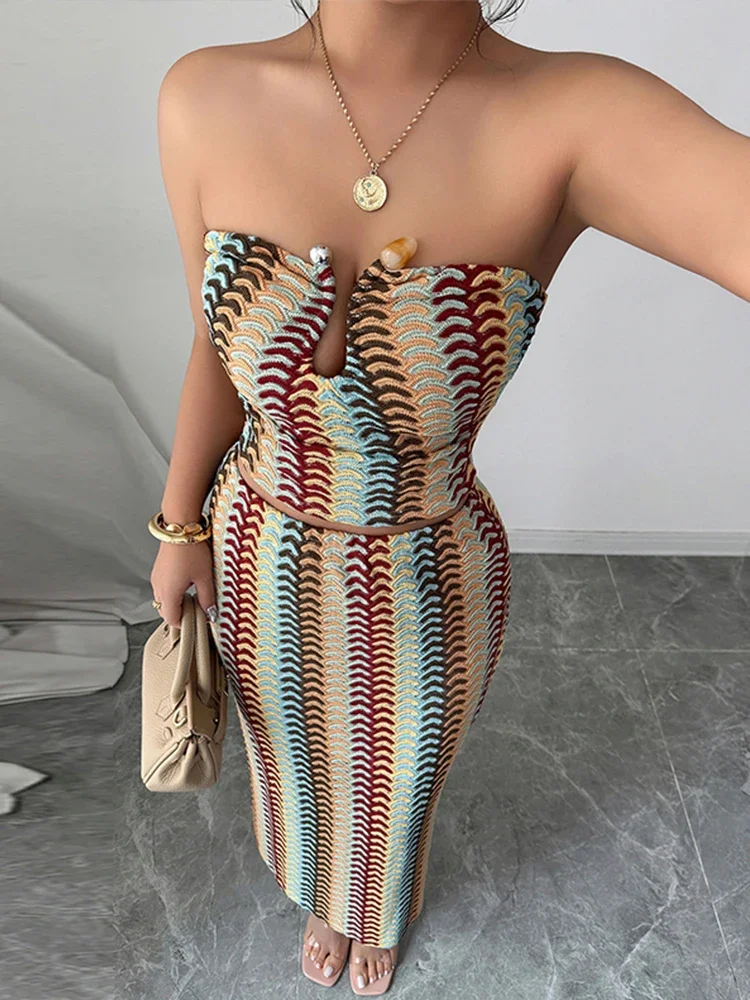 

Sexy Color Blocked Strapless Top Half Skirt Women Set Short Tops Split Hip Hugging Slim Skirts Summer Party Vacation Lady Suit