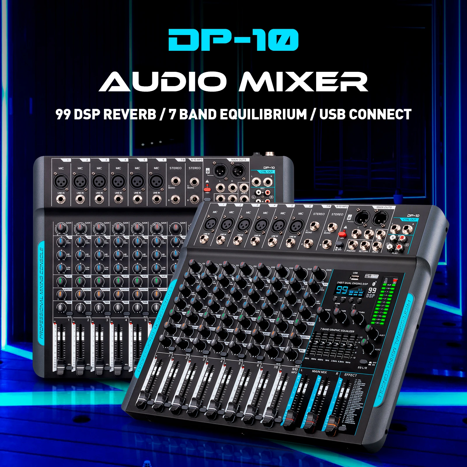 

IKGE DP-10 Professional Performance Class Tuner DJ Controller 10-Channel 99 DSP Reverb Recording Audio Mixer with Bluetooth 5.0