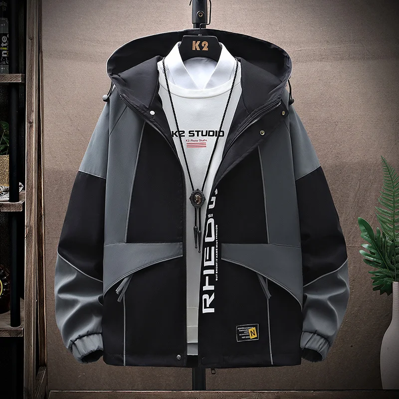 New Casual Cargo Hooded Jackets For Men's Tops Streetwear Spring Autumn Sports Outdoor Loose Coats Youth Windbreaker Clothing