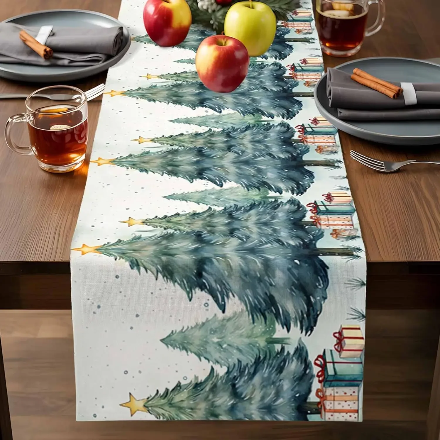 2026 Merry Christmas Xmas Tree Linen Table Runner Party Decor Reusable Winter Xmas Kitchen Dining Table Runner Christmas Decor