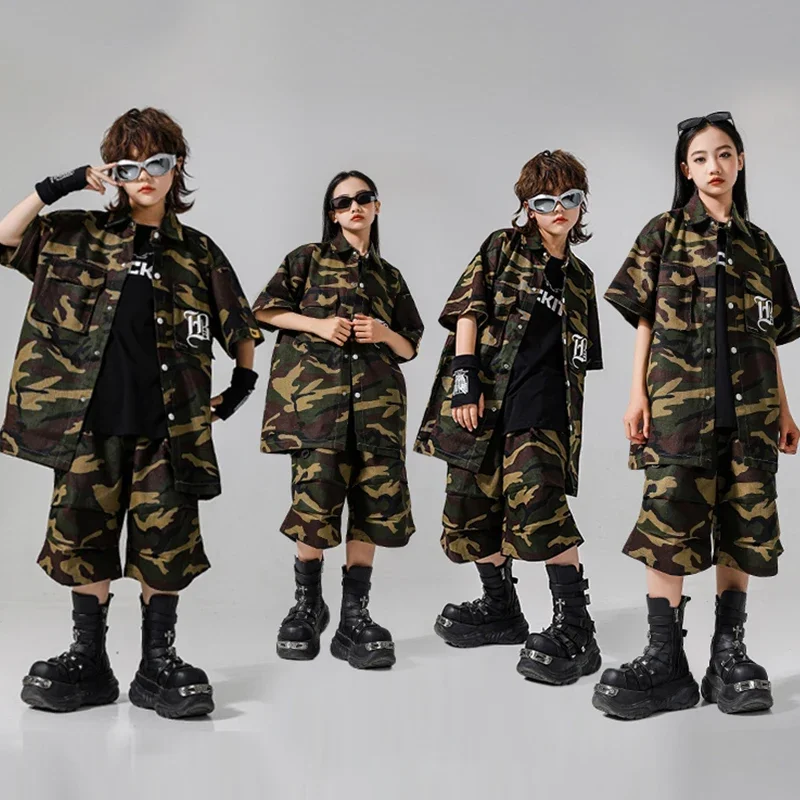 

Camouflage Street Dance Costume Children Hip Hop Oversize Shirt Shorts Jazz Dancing Stage Outfit Dancer Performance Wear