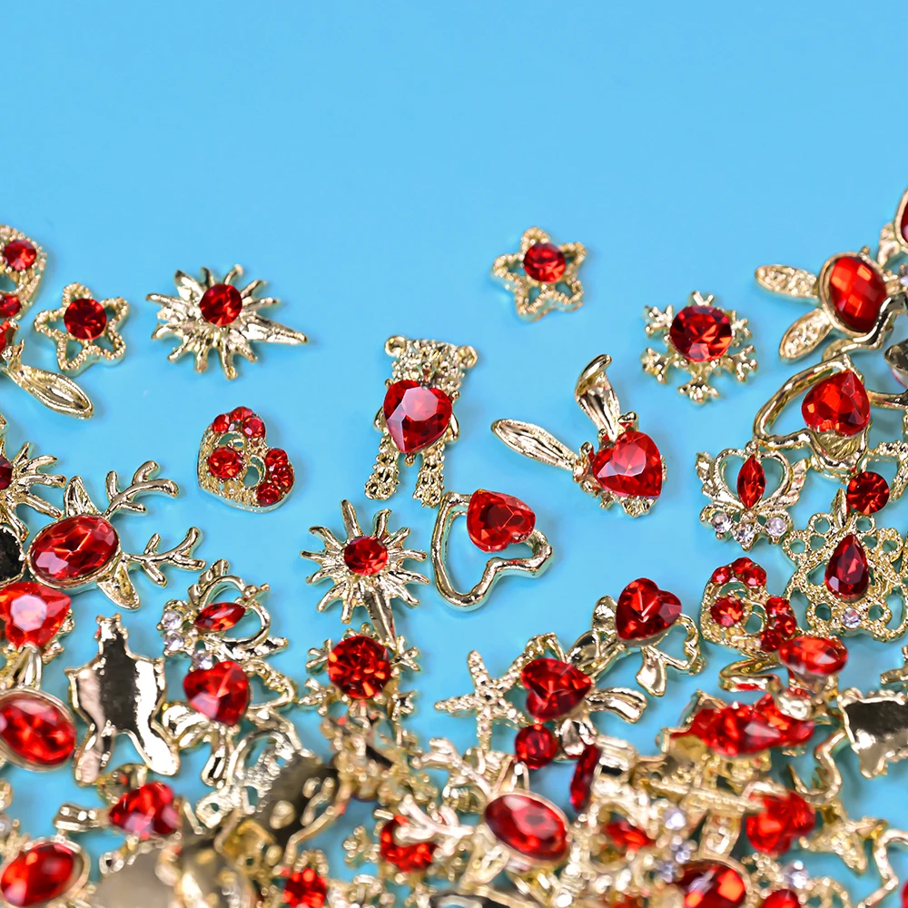 30 قطعة متنوعة من زينة الأظافر الفاخرة من الكريستال الأحمر وسبائك الذهب، تصميم ثلاثي الأبعاد على شكل قلب/أرنب/دب لعيد الحب، مجوهرات مانيكير حمراء للزينة