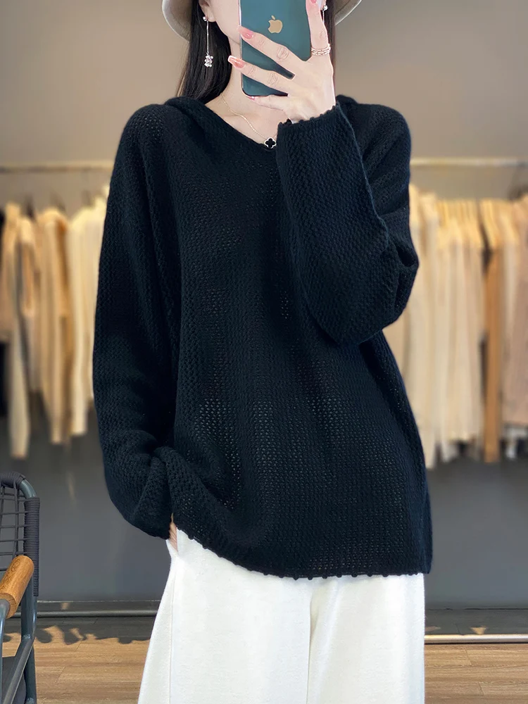 New Autumn Winter Women Wool Hooded Pullover Hollow Cashmere Sweater 100% Merino Wool Knitwear Casual Loose Soft Knitting Tops