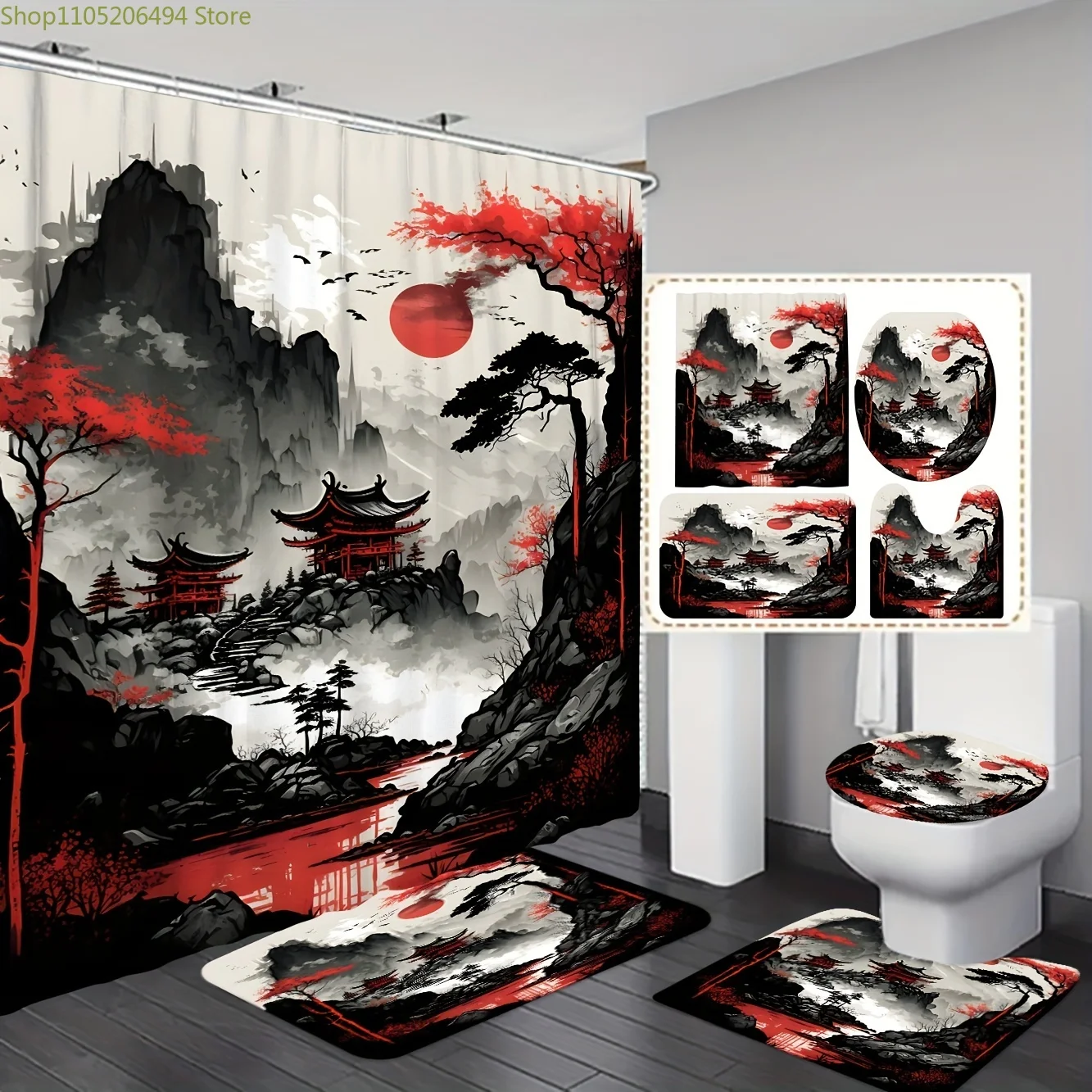 

1pc/3pcs/4pcs Traditional Ink Wash Landscape Style Shower Curtain