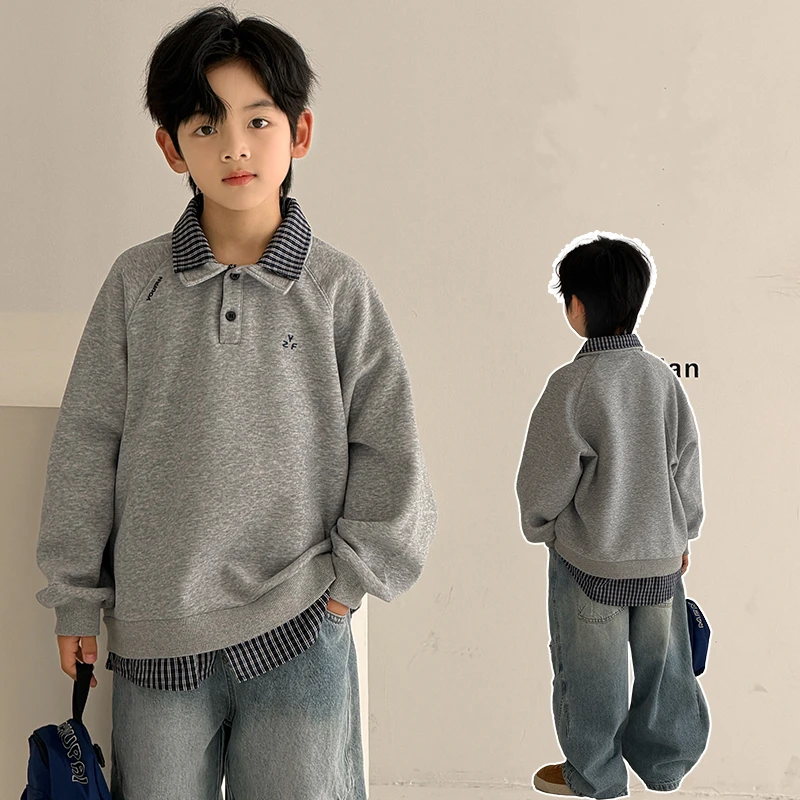 

New Arrival Children Fashion Long Sleeve Double Layered Polo Sweatshirt for Kids Boy Turn Down Collar Hoodie Coat Spring Clothes