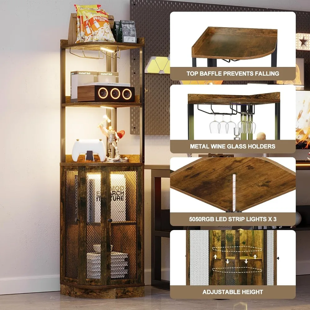 EOYUTLLY 65" H 5-Tier Corner Bar Cabinet with Power Outlet and LED Strip, Brown image 6