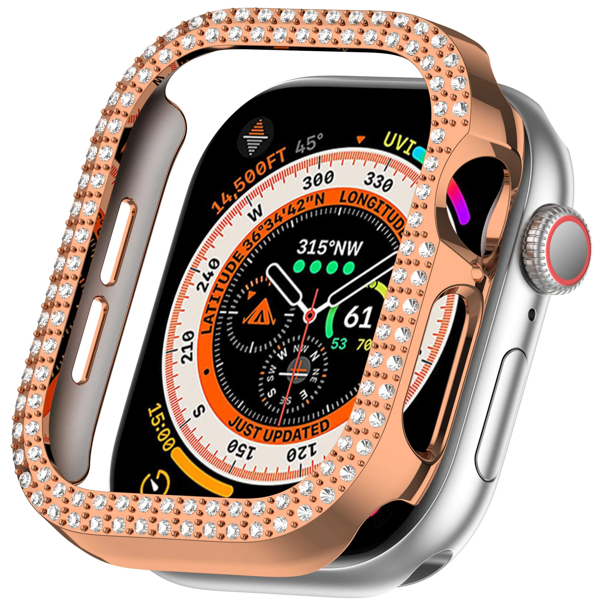 

Для Apple Watch Series 10, 42 мм, двухрядный декор со стразами, полая крышка, рамка для часов из ПК, чехол - розовое золото
