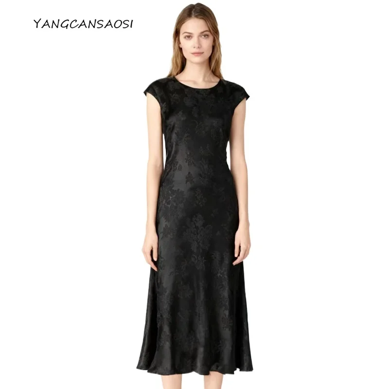 

Women's Fashionable Casual Clothing 93% Natural Mulberry Silk Elastic Relief Guanle Satin Round Neck Premium Feel Evening Dress