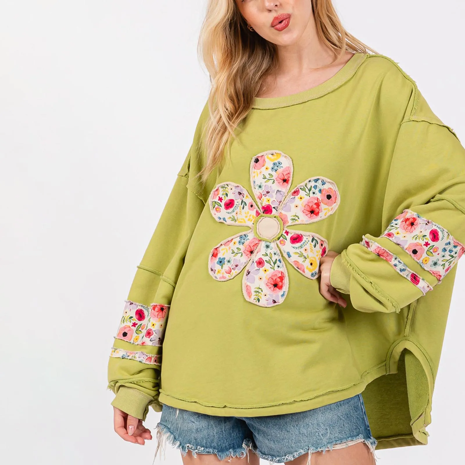 Women Spring Autumn Loose Sweatshirt Long Sleeve Round Neck Floral Patch Pullover