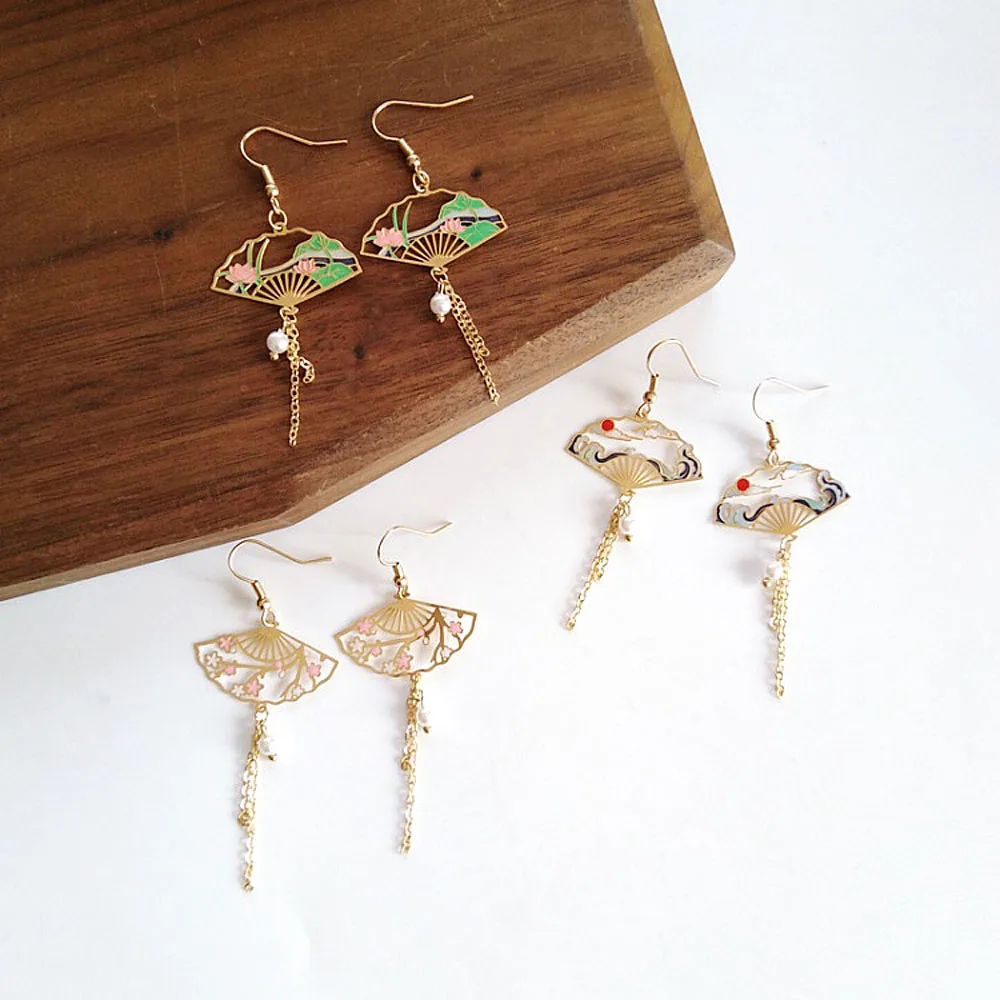 Women Cherry Blossoms Tassel Pearl Chain Lotus Long Drop Earrings Ear Hoop Chinese Elements Hollow Fan