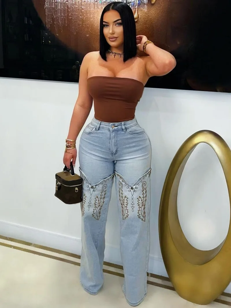 Streetwear Embroidery Denim Pants Autumn Clothing Women High Waist Straight Jeans Female Casual Jean Pants Basic Denim Trousers