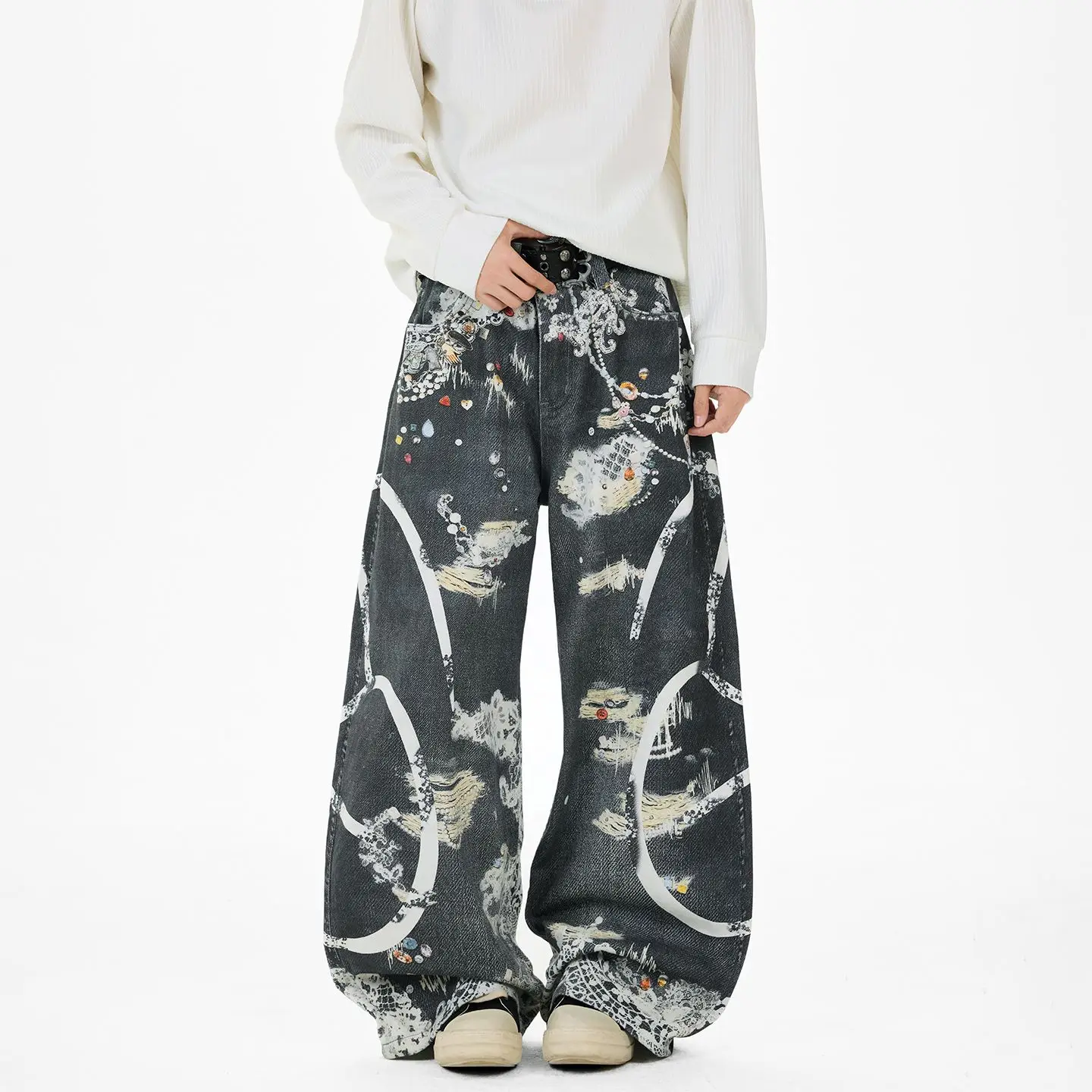 

CHIC Y2k American Gothic Paisley Print Wide Leg Jeans For Men Retro Straight Pants Punk Style High Quality Casual Couple Jeans