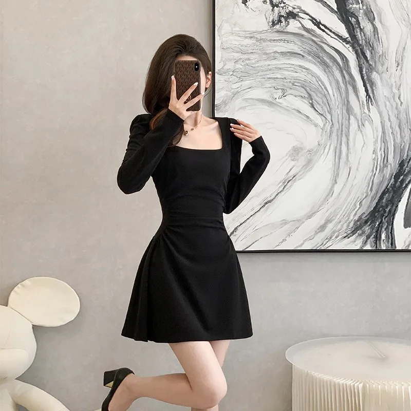 Hebe Style Black Square Collar Long Sleeve Dress Women's Autumn Winter Slim Fit A-Line  Dress High Waist Single Piece